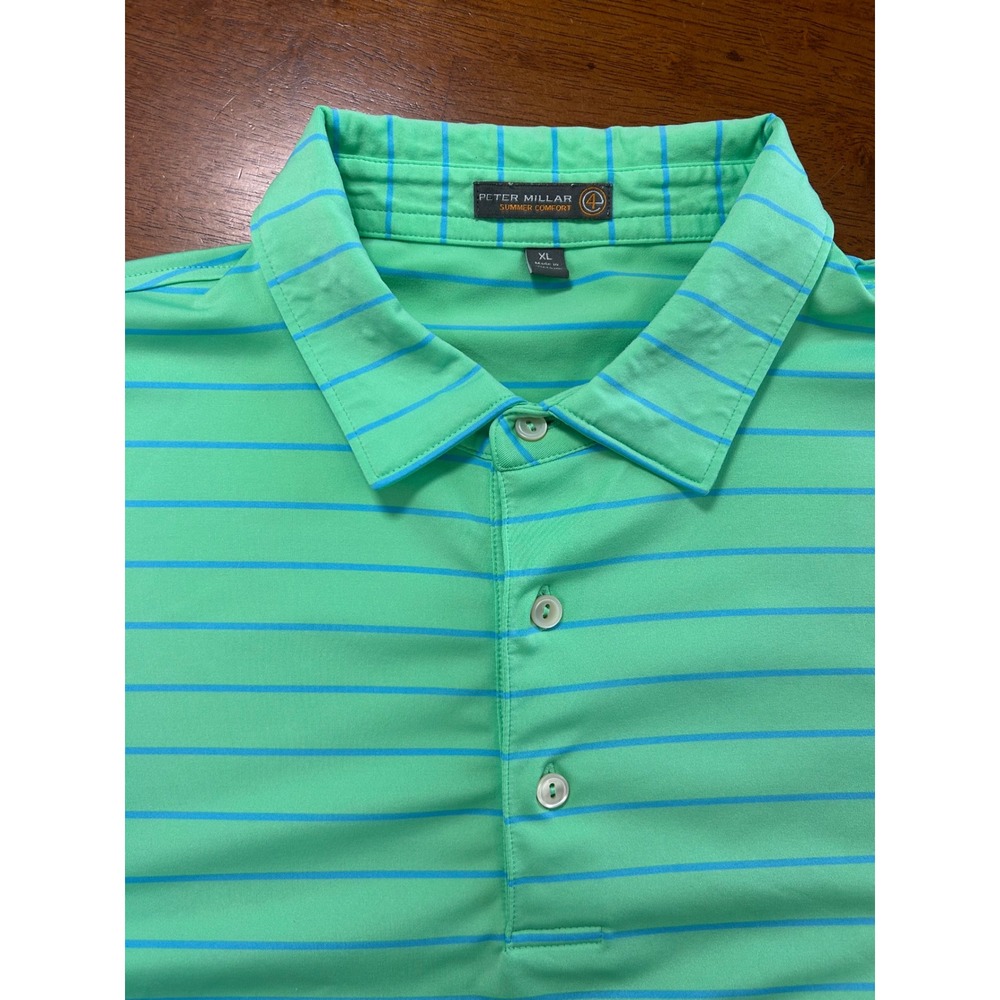 Peter Millar Polo Shirt Mens XL Green Striped Summer Comfort Short Sleeve Golf